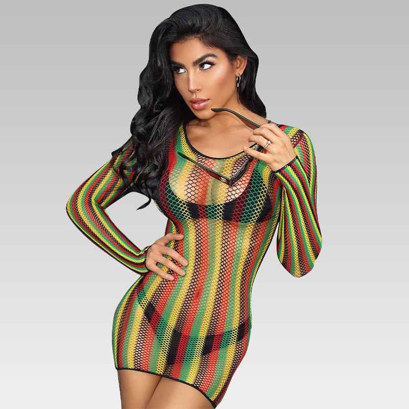 Sexy Rainbow Fishnet Long Sleeve Cover-Up Bodysuit