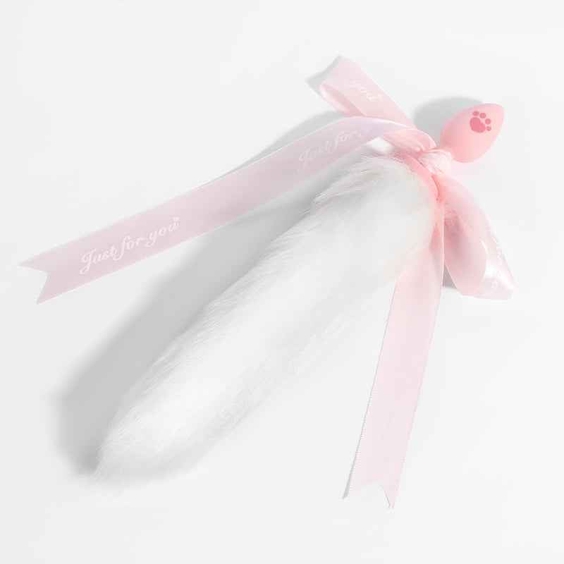 Cute Paw Print Silicone Butt Plug with Fluffy Faux Fur Tail – White & Pink