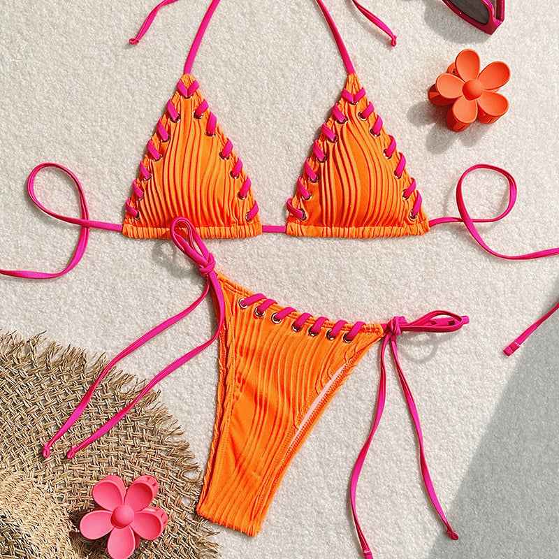 Braided Trim Pleated Bikini Set