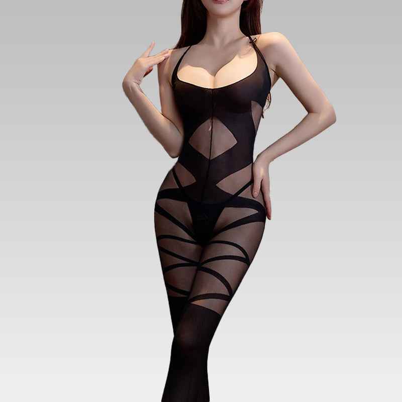 Seductive Black Geometric Cutout Bodystocking