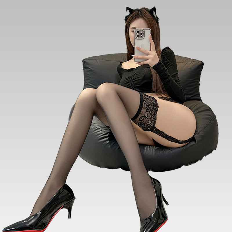Elegance Black/White Lace Garter Stockings