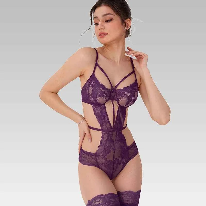 Purple Lace Cut-Out Bodysuit