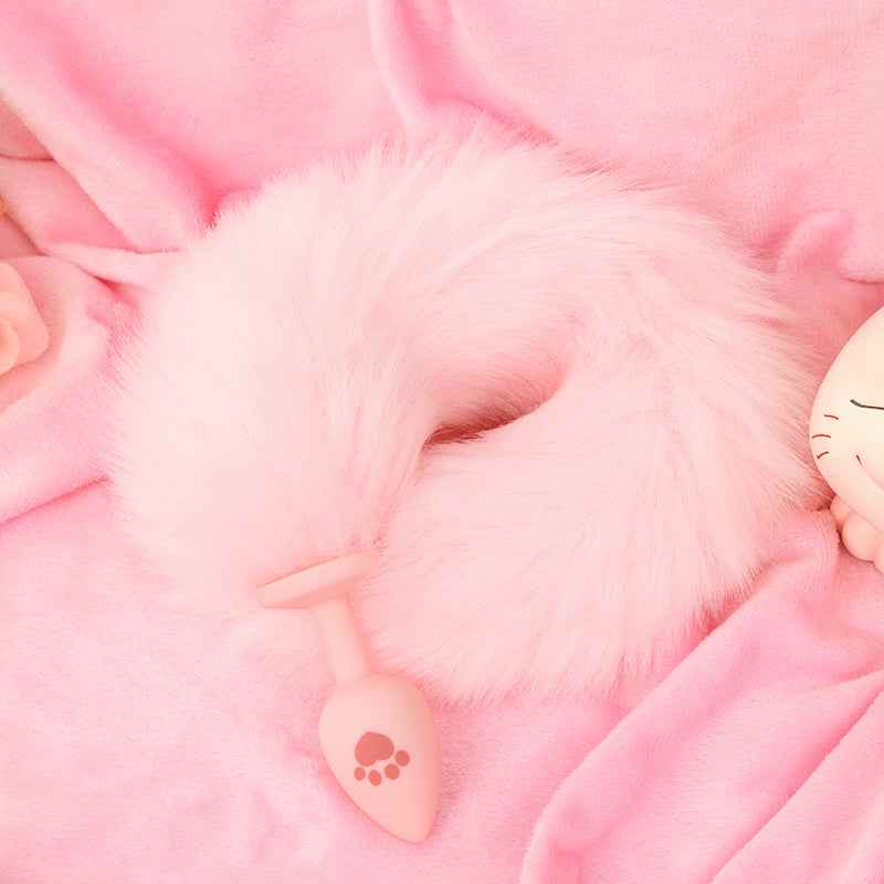 Fluffy Faux Fur Tail Silicone Butt Plug – Pink & White