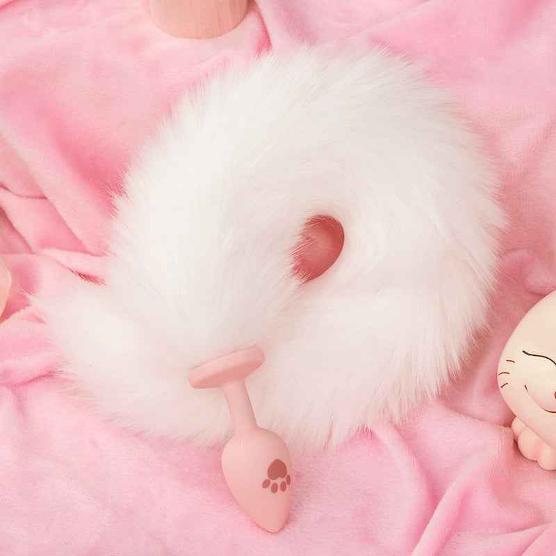 Fluffy Faux Fur Tail Silicone Butt Plug – Pink & White