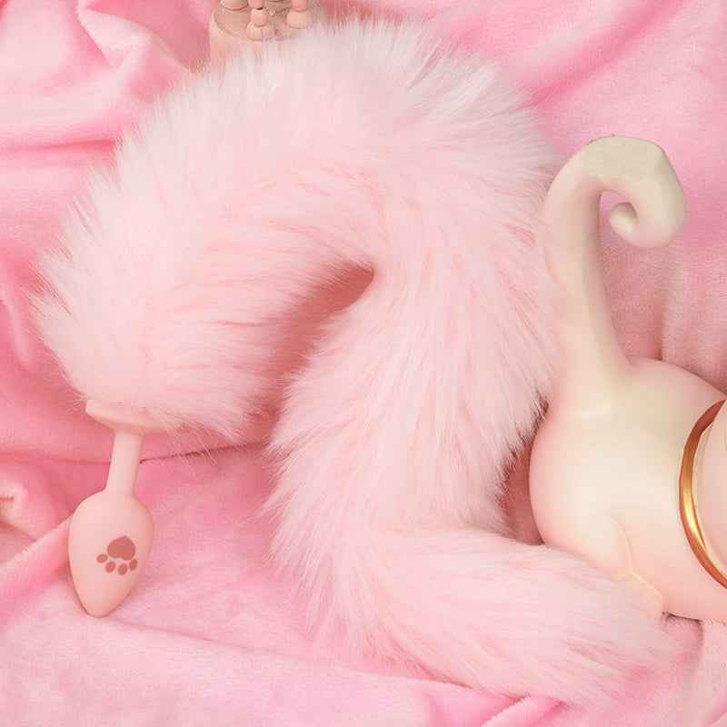 Fluffy Faux Fur Tail Silicone Butt Plug – Pink & White