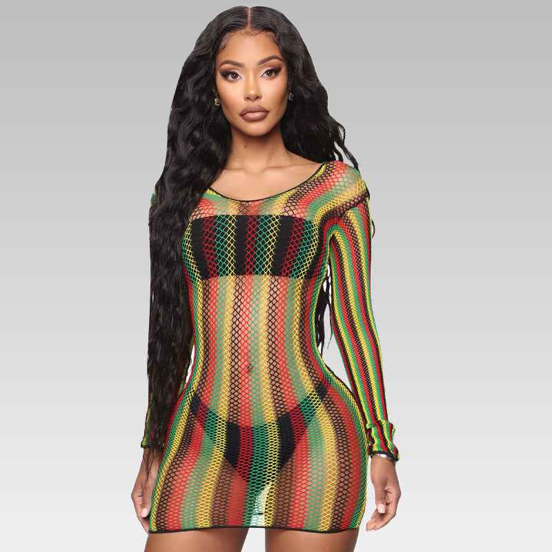 Sexy Rainbow Fishnet Long Sleeve Cover-Up Bodysuit