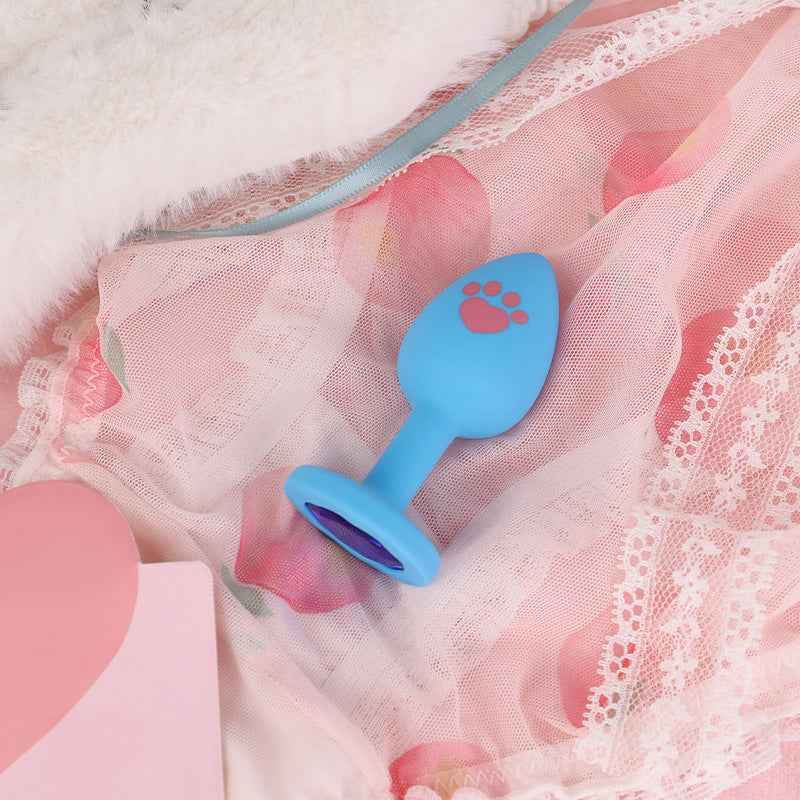 Cute Paw Print Silicone Butt Plug with Gem Base – Pink & Blue