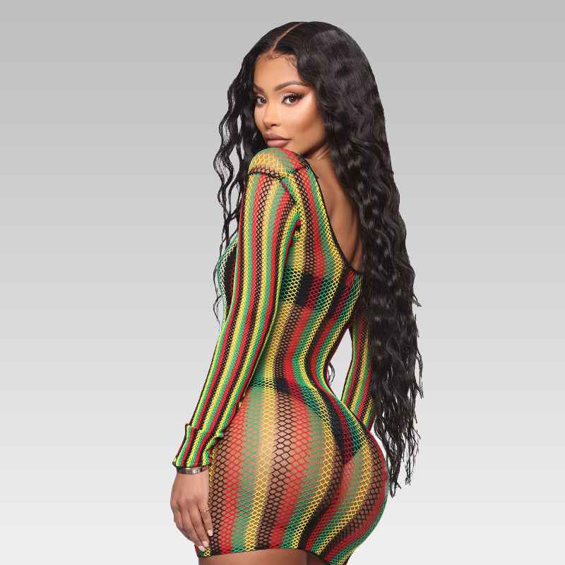 Sexy Rainbow Fishnet Long Sleeve Cover-Up Bodysuit