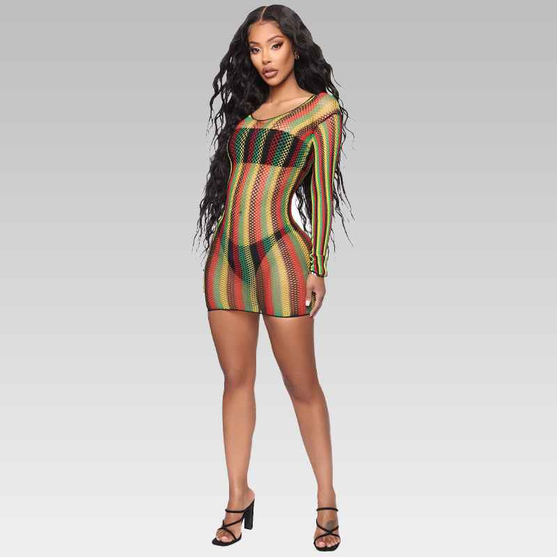 Sexy Rainbow Fishnet Long Sleeve Cover-Up Bodysuit