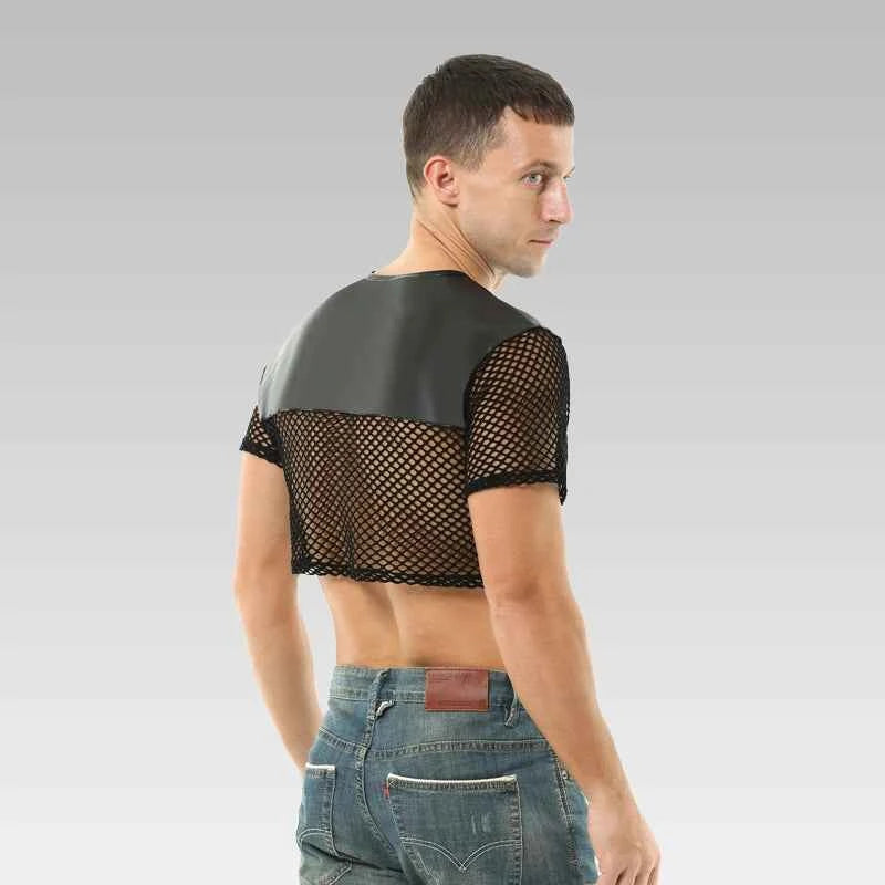 Male model flexing in mesh and leather patchwork crop shirt