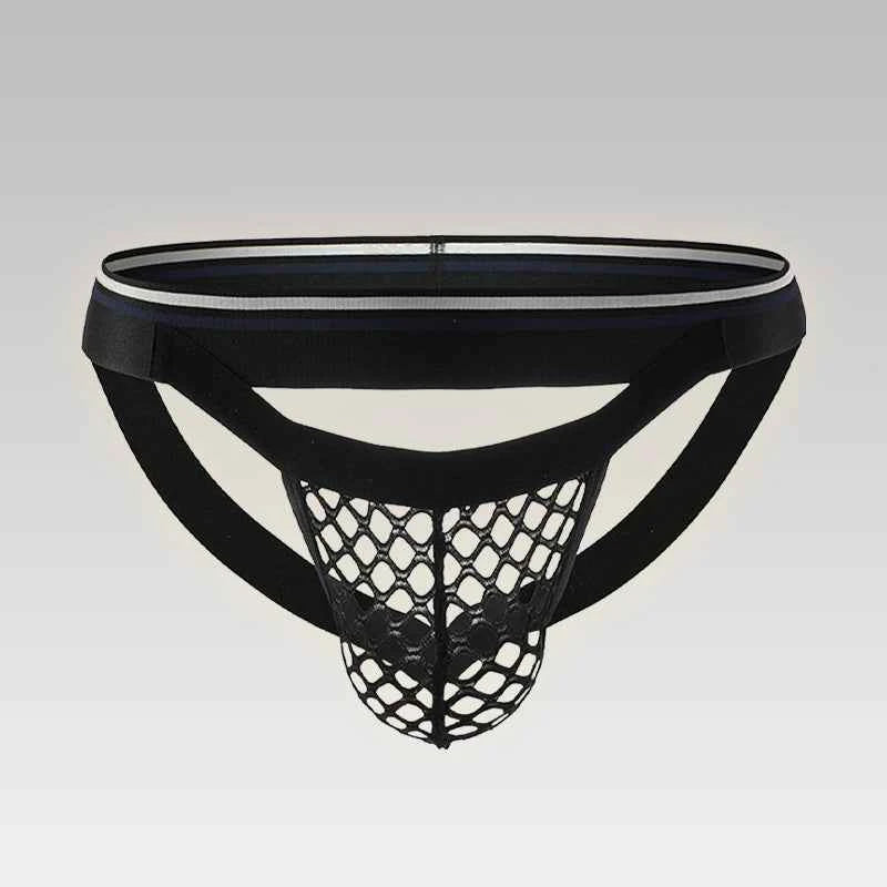 Black men’s mesh pouch thong underwear front view
