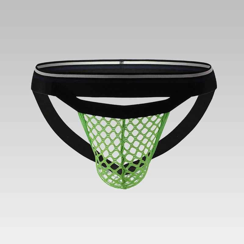Green men’s mesh pouch thong underwear front view
