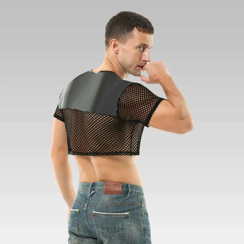 Smiling male model wearing black mesh leather fetish crop top