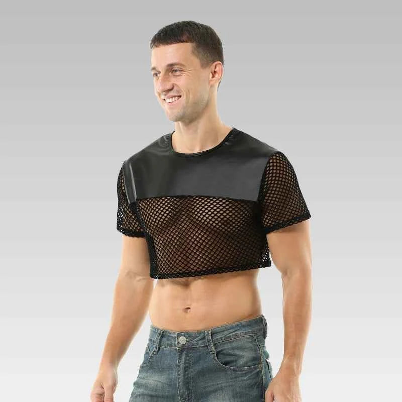 Back view of men’s black mesh leather short sleeve crop top