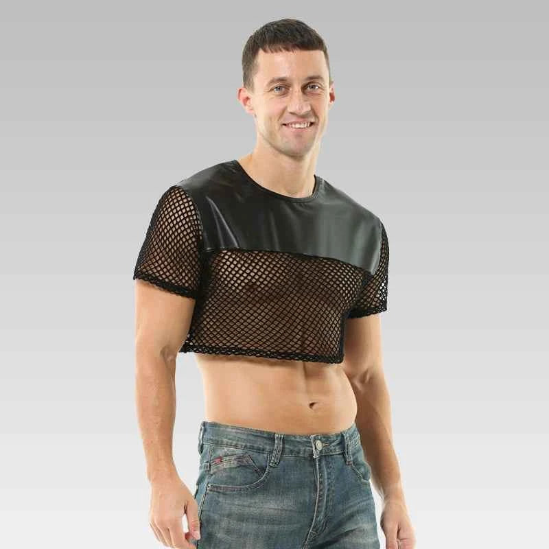 Male model posing in mesh leather crop top side angle