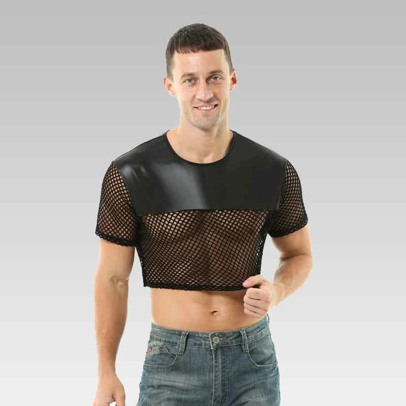 Male model wearing black mesh leather crop top front view