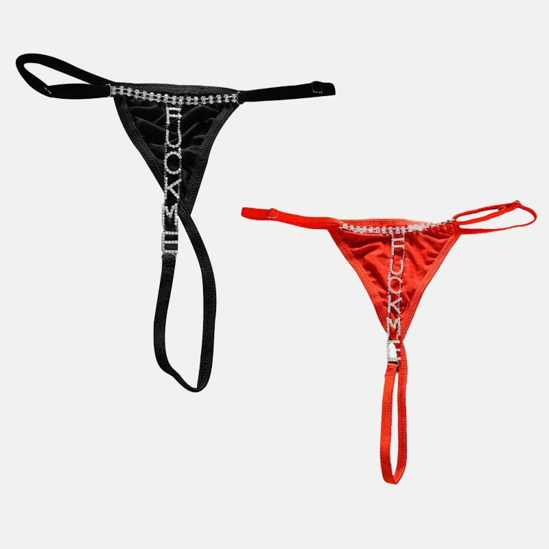 Sexy rhinestone letter thong panties in black and red set – crystal strap lingerie G-string