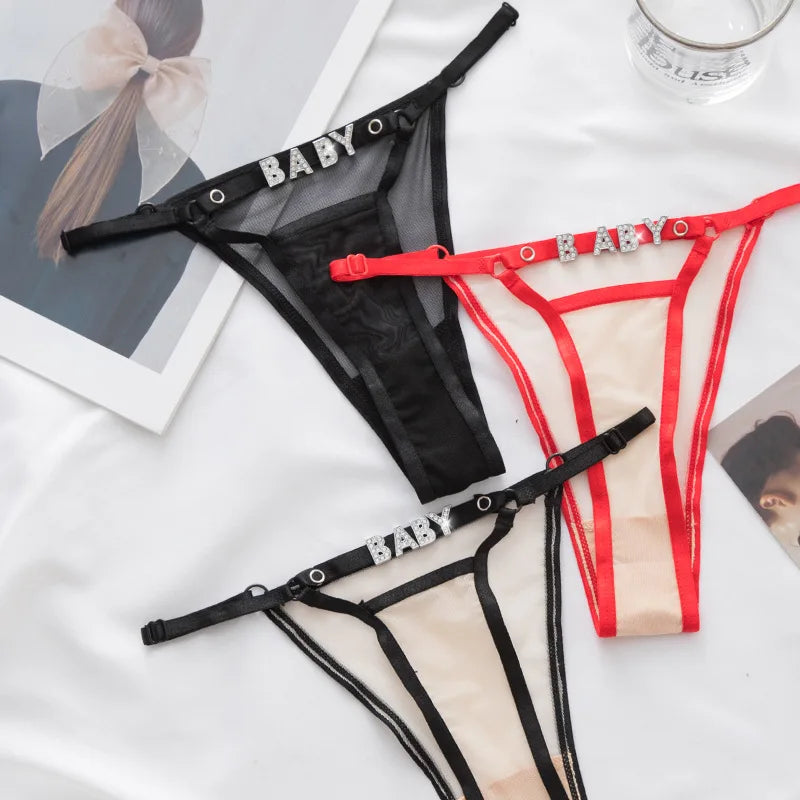 Red and black thong underwear with BABY rhinestone letter chain, customizable sexy lingerie set