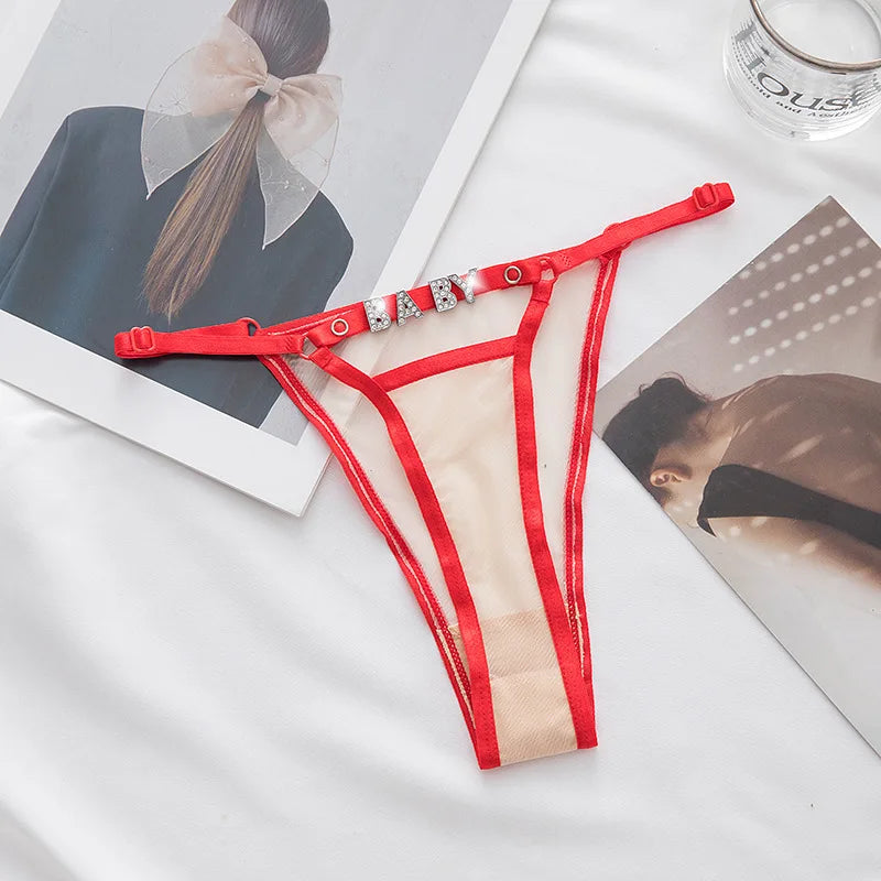 Red thong underwear with BABY rhinestone letter chain, customizable sexy lingerie